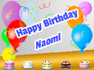 Happy Birthday Naomi GIF: A cute squirrel happy birthday animated gif with a sparkle in its eye and a chocolate cake in a tree.