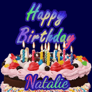 Happy Birthday Natalie GIF: A dark blue birthday gif with a beautiful cake with flickering candles, background sparkles and a name to customize.