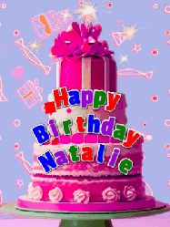 Happy Birthday Natalie GIF: A big beautiful birthday cake gif with falling confetti, sparklers, and balloons, reads Happy Birthday Name. Customize it.