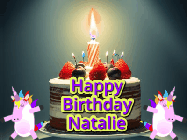 Happy Birthday Natalie GIF: An animated gif with 2 unicorns and a birthday candle on a cake.