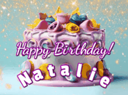 Happy Birthday Natalie GIF: A beautiful birthday cake gif with animated sparkles and glitter Happy Birthday Name you can customize