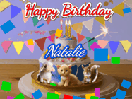 Happy Birthday Natalie GIF: Happy Birthday Cake GIF with a cat, lamb, and squirrel on the cake with flickering candles, a sparkler, and falling confetti. Reads Happy Birthday Name and you can customize the name