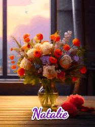 Happy Birthday Natalie GIF: A vase of flowers and animated hearts pop in and out as the words Happy Birthday Name appears that you can customize