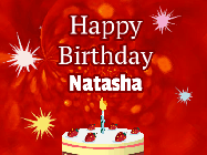 Happy Birthday Natasha GIF: A bright red happy birthday gif animated with a cake candle, and glitter and sparkles. Customize with name.
