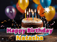 Happy Birthday Natasha GIF: A birthday cake with flickering candles gif with text reading Happy Birthday and a Name slot to customize
