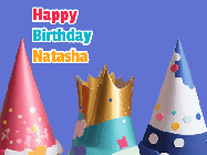 Happy Birthday Natasha GIF: Animated happy birthday gif with showing 3 party hats and confetti bursting over them.