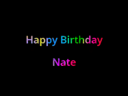 Happy Birthday Nate GIF: Happy birthday gif with animated rainbow lettering on a black background with hearts float up past them.