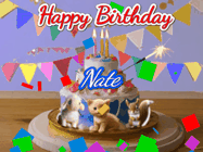 Happy Birthday Nate GIF: Happy Birthday Cake GIF with a cat, lamb, and squirrel on the cake with flickering candles, a sparkler, and falling confetti. Reads Happy Birthday Name and you can customize the name