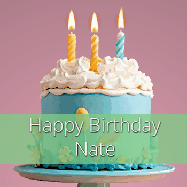 Happy Birthday Nate GIF: Sparkles fly over a birthday cake that has 3 flickering candles, text in a colored band read Happy Birthday Name.