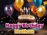 Happy Birthday Nathan GIF: A birthday cake with flickering candles gif with text reading Happy Birthday and a Name slot to customize