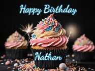 Happy Birthday Nathan GIF: A delicious cupcake gif with animated sparkles reading Happy Birthday with a name to customize