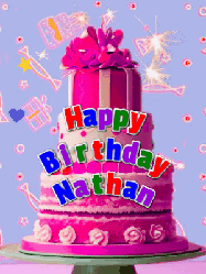 Happy Birthday Nathan GIF: A big beautiful birthday cake gif with falling confetti, sparklers, and balloons, reads Happy Birthday Name. Customize it.