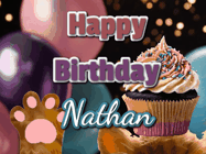Happy Birthday Nathan GIF: Cute Kitten Birthday Cupcake GIF with a cupcake raised by a cats head, then it pulls down text reading Happy Birthday Name