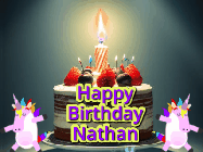 Happy Birthday Nathan GIF: An animated gif with 2 unicorns and a birthday candle on a cake.