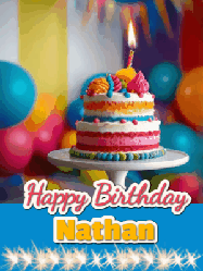 Happy Birthday Nathan GIF: A birthday card gif with a cake and candle and a blue ribbon with animated sparklers. Reads Happy Birthday Name