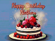 Happy Birthday Nathan GIF: Animated GIF of a birthday cake covered in berries with 2 sparklers and a candle, reads Happy Birthday Name. Customize it.