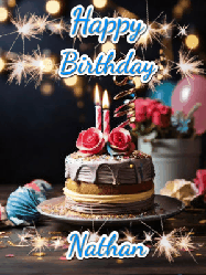 Happy Birthday Nathan GIF: Sparkles and glitter happy birthday gif with a cake and flickering candles and sparklers behind the words happy birthday customize