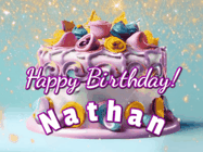 Happy Birthday Nathan GIF: A beautiful birthday cake gif with animated sparkles and glitter Happy Birthday Name you can customize