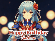 Happy Birthday Nathan GIF: Anime girl holding a birthday cake and an animated sword falls into it. Text reads Happy Birthday Customize