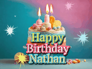 Happy Birthday Nathan GIF: A colorful animated Happy Birthday Cake GIF with swirling sparkles and flickering candles. It reads Happy Birthday Name