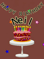 Happy Birthday Neil GIF: Animated birthday gif of a chocolate cartoon cake and stars. Animated text can be customized with name.