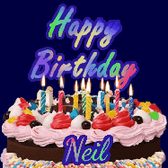 Happy Birthday Neil GIF: A dark blue birthday gif with a beautiful cake with flickering candles, background sparkles and a name to customize.