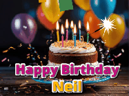 Happy Birthday Neil GIF: A birthday cake with flickering candles gif with text reading Happy Birthday and a Name slot to customize