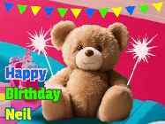 Happy Birthday Neil GIF: A cute birthday teddy bear animated birthday gif with the bear holding sparklers and text to customize.