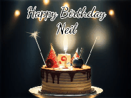 Happy Birthday Neil GIF: Animated birthday cake gif with sparklers on a dark background. Personalize up to 3 lines of text.