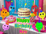 Happy Birthday Nev GIF: A birthday animated gif with a party room in the background and cute balloons, cake, and name to customize.
