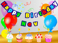 Happy Birthday Nev GIF: Animated happy birthday gif with a party balloon background, a row of cupcakes, and birthday banner to customize.
