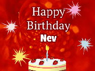 Happy Birthday Nev GIF: A bright red happy birthday gif animated with a cake candle, and glitter and sparkles. Customize with name.