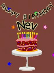 Happy Birthday Nev GIF: Animated birthday gif of a chocolate cartoon cake and stars. Animated text can be customized with name.