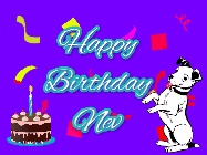 Happy Birthday Nev GIF: Silly happy birthday gif with a cute dog in a corner and rainbow animation confetti. Birthday cake in order with candle.