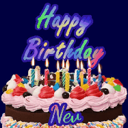 Happy Birthday Nev GIF: A dark blue birthday gif with a beautiful cake with flickering candles, background sparkles and a name to customize.