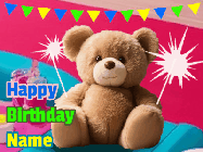 Happy Birthday Nev GIF: A cute birthday teddy bear animated birthday gif with the bear holding sparklers and text to customize.