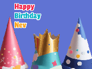 Happy Birthday Nev GIF: Animated happy birthday gif with showing 3 party hats and confetti bursting over them.