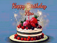 Happy Birthday Nev GIF: Animated GIF of a birthday cake covered in berries with 2 sparklers and a candle, reads Happy Birthday Name. Customize it.