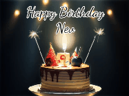 Happy Birthday Nev GIF: Animated birthday cake gif with sparklers on a dark background. Personalize up to 3 lines of text.