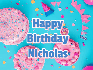 Happy Birthday Nicholas GIF: Happy birthday animated gif on this beautiful cake background and confetti with flowers, hearts, and stars.