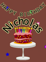 Happy Birthday Nicholas GIF: Animated birthday gif of a chocolate cartoon cake and stars. Animated text can be customized with name.