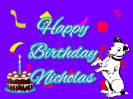 Happy Birthday Nicholas GIF: Silly happy birthday gif with a cute dog in a corner and rainbow animation confetti. Birthday cake in order with candle.