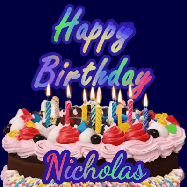 Happy Birthday Nicholas GIF: A dark blue birthday gif with a beautiful cake with flickering candles, background sparkles and a name to customize.