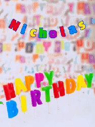 Happy Birthday Nicholas GIF: Birthday gif animated with a dragon flying over birthday letter candles and lighting them. Customize the name banner.