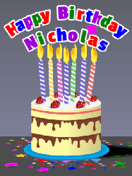 Happy Birthday Nicholas GIF: Cartoon style animated birthday cake gif with flickering candles, balloons, and stars. Customize the name banner.