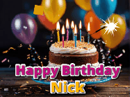 Happy Birthday Nick GIF: A birthday cake with flickering candles gif with text reading Happy Birthday and a Name slot to customize