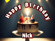 Happy Birthday Nick GIF: Animated happy birthday gif with a cake and flickering candles with colorful falling confetti and text reading Happy Birthday