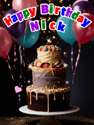 Happy Birthday Nick GIF: Beautiful birthday cake animated gif, a celebration of balloons, confetti, and sparklers. Customize banner and name.