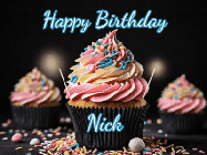 Happy Birthday Nick GIF: A delicious cupcake gif with animated sparkles reading Happy Birthday with a name to customize