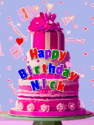 Happy Birthday Nick GIF: A big beautiful birthday cake gif with falling confetti, sparklers, and balloons, reads Happy Birthday Name. Customize it.